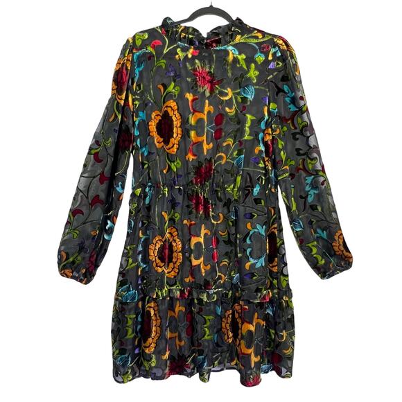 Whimsygoth L Women's Velvet Burnout Artsy Sheer Floral Embroidery Swing Dress - Picture 1 of 14